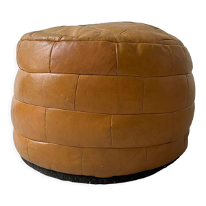 pouf cuir véritable cognac patchwork,