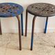 Tabouret industriel acier patine bleue & chocolat vintage
