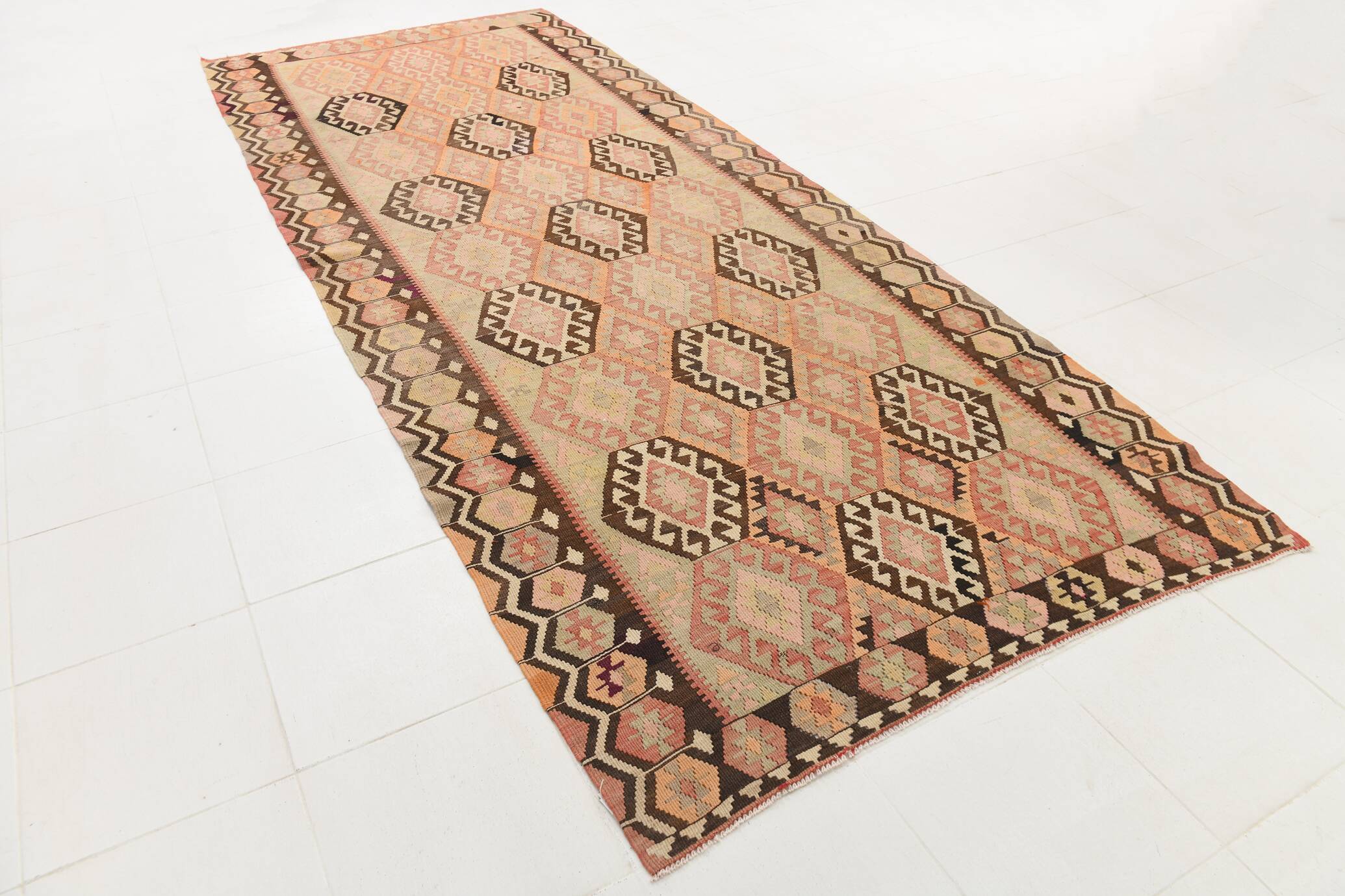 Turkish Vintage Kilim Rug: Shades Of Red Brown Handmade Wool Rug 160x417Cm