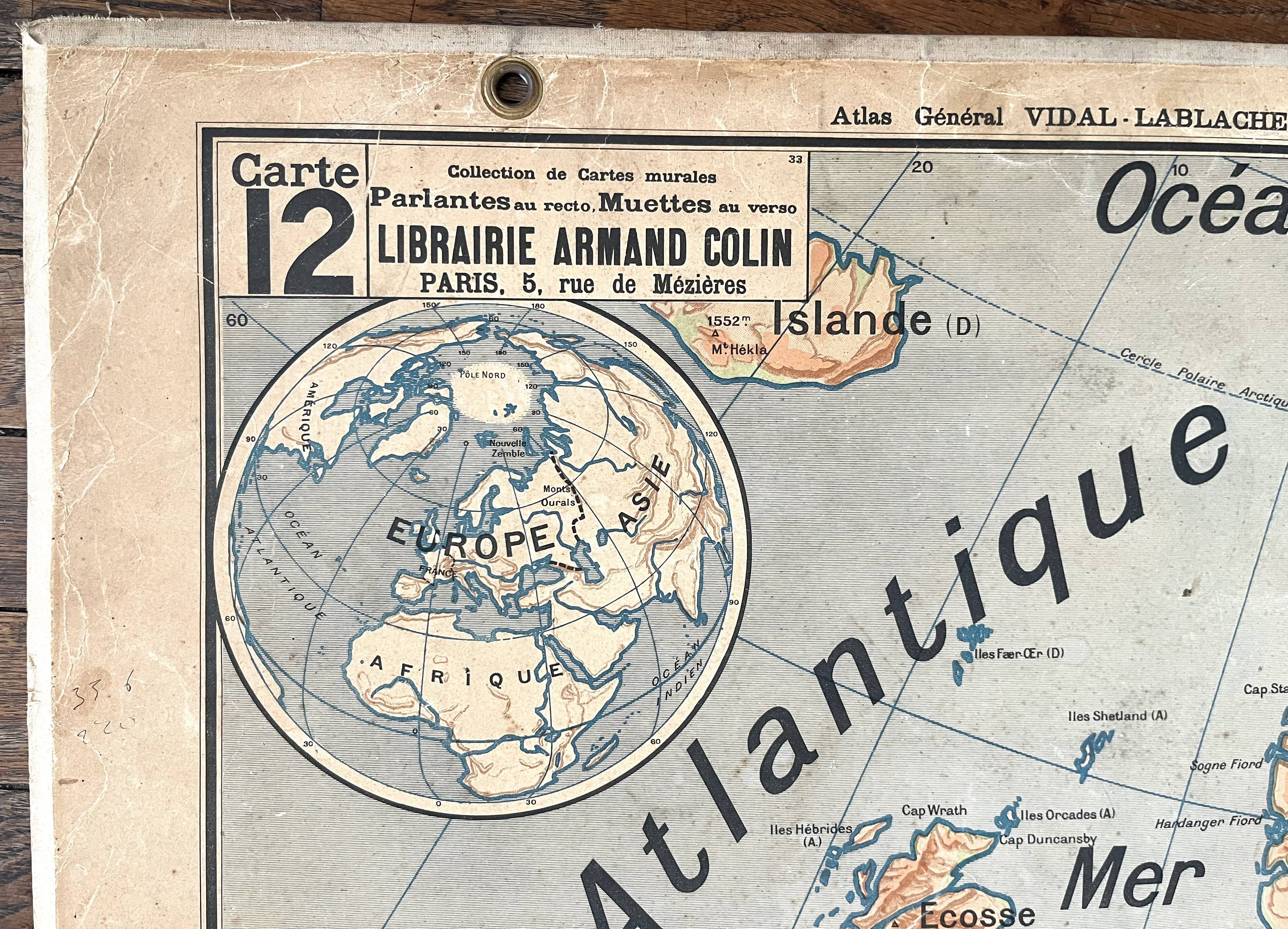 Old school map Vidal-Lablache Mézières 12, T33, 1910 Europe relief