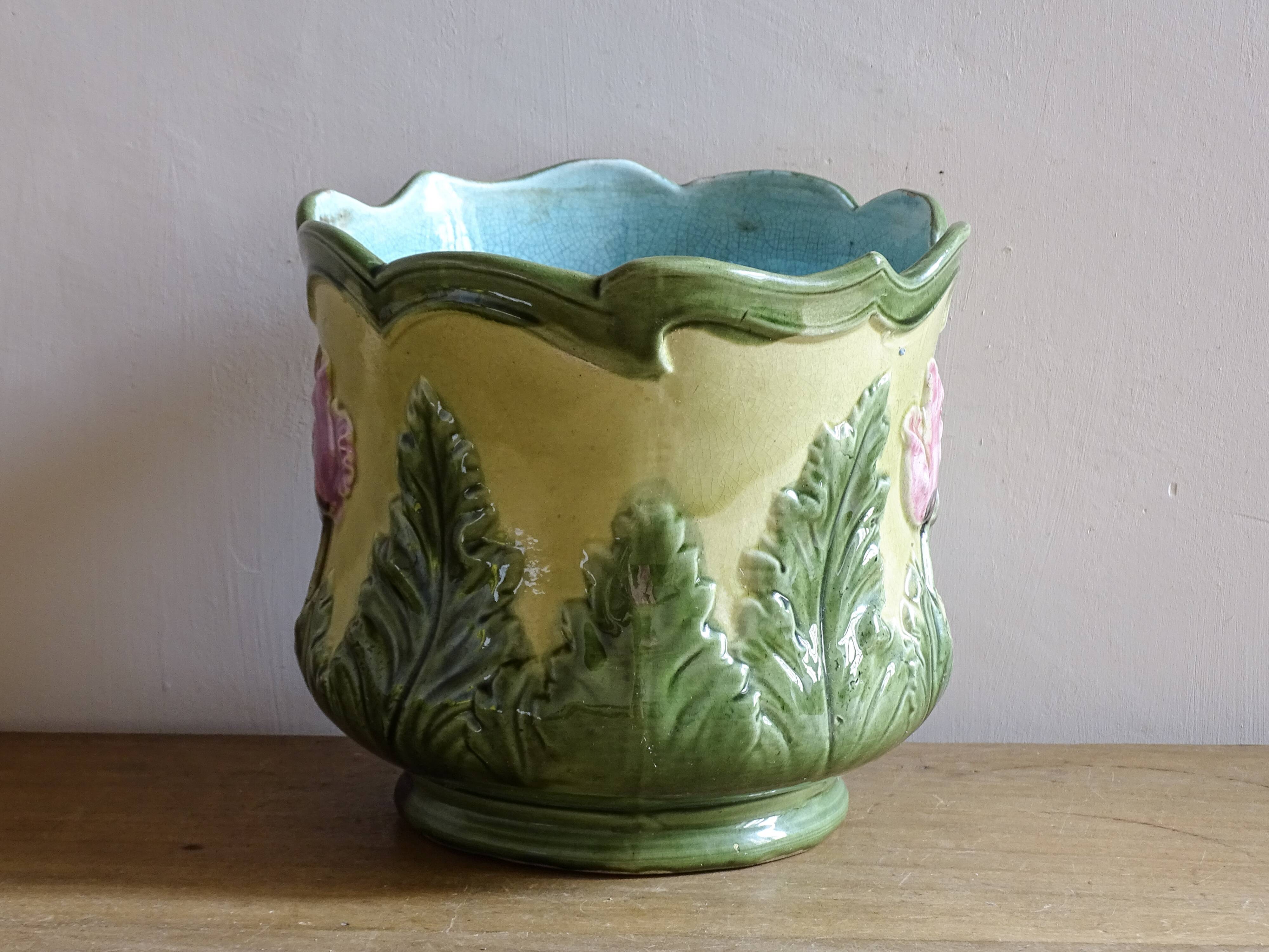 Antique Ceramic Cache Pot with Poppies, Art Nouveau Planter