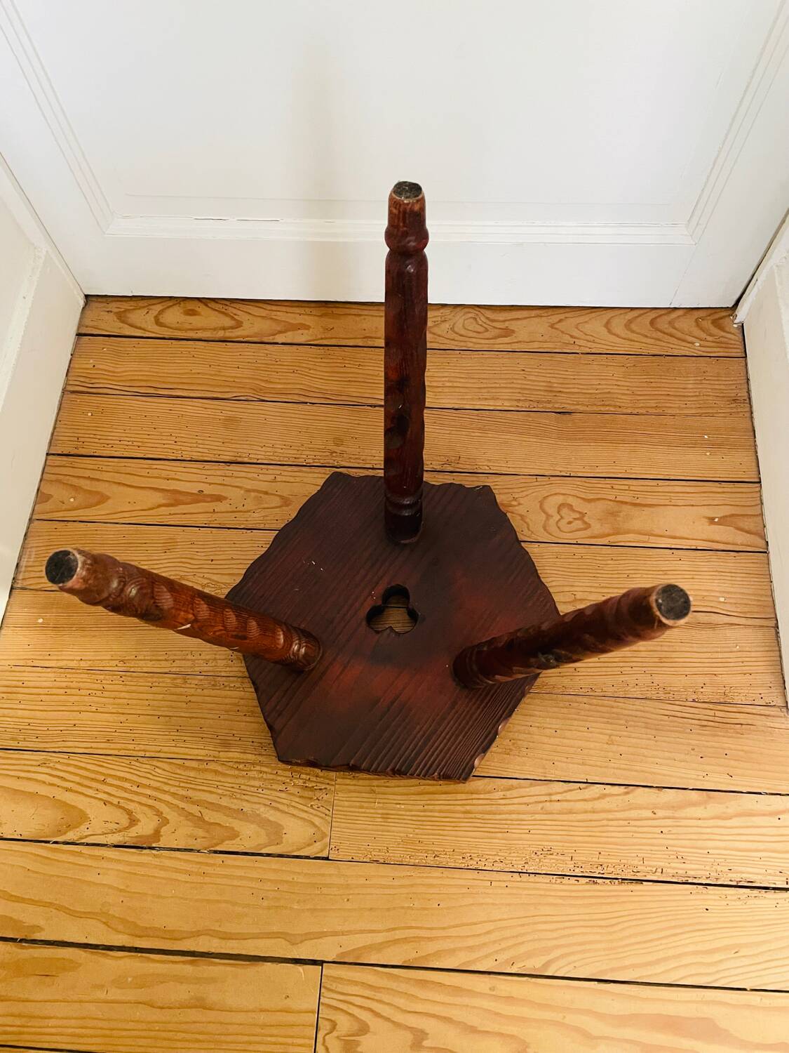 Vintage wooden tripod stool with turned legs