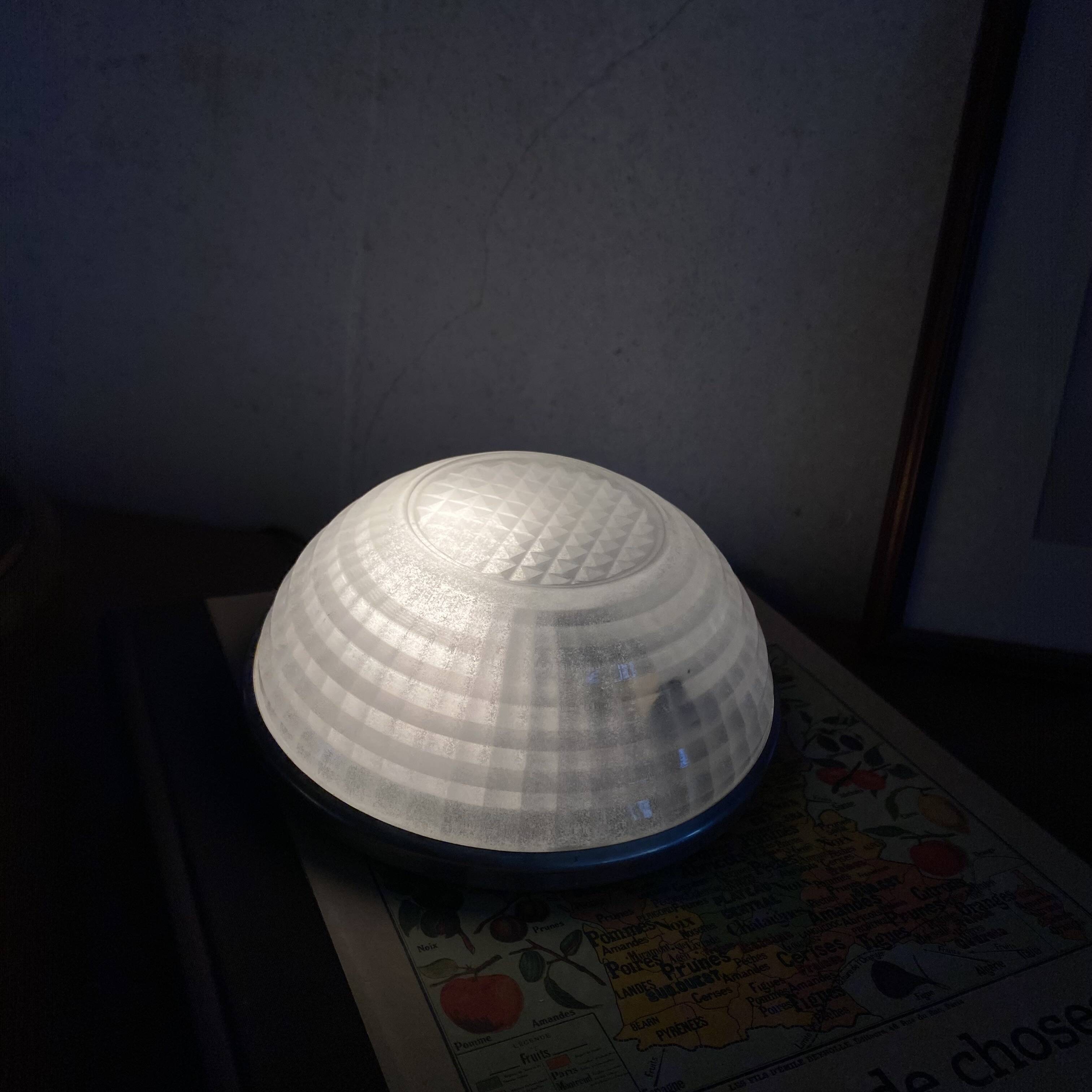 Small round ceiling light fixture in glass and aluminium, vintage design.