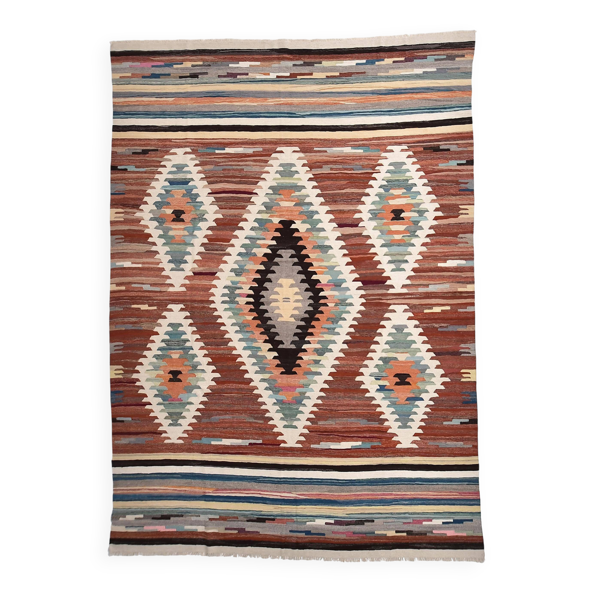 Large Woll Kilim Rug, Red Vintage Turkish kilim carpet 260x360 cm