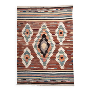 Grand tapis Kilim en laine, tapis kilim turc vintage rouge 260x360 cm