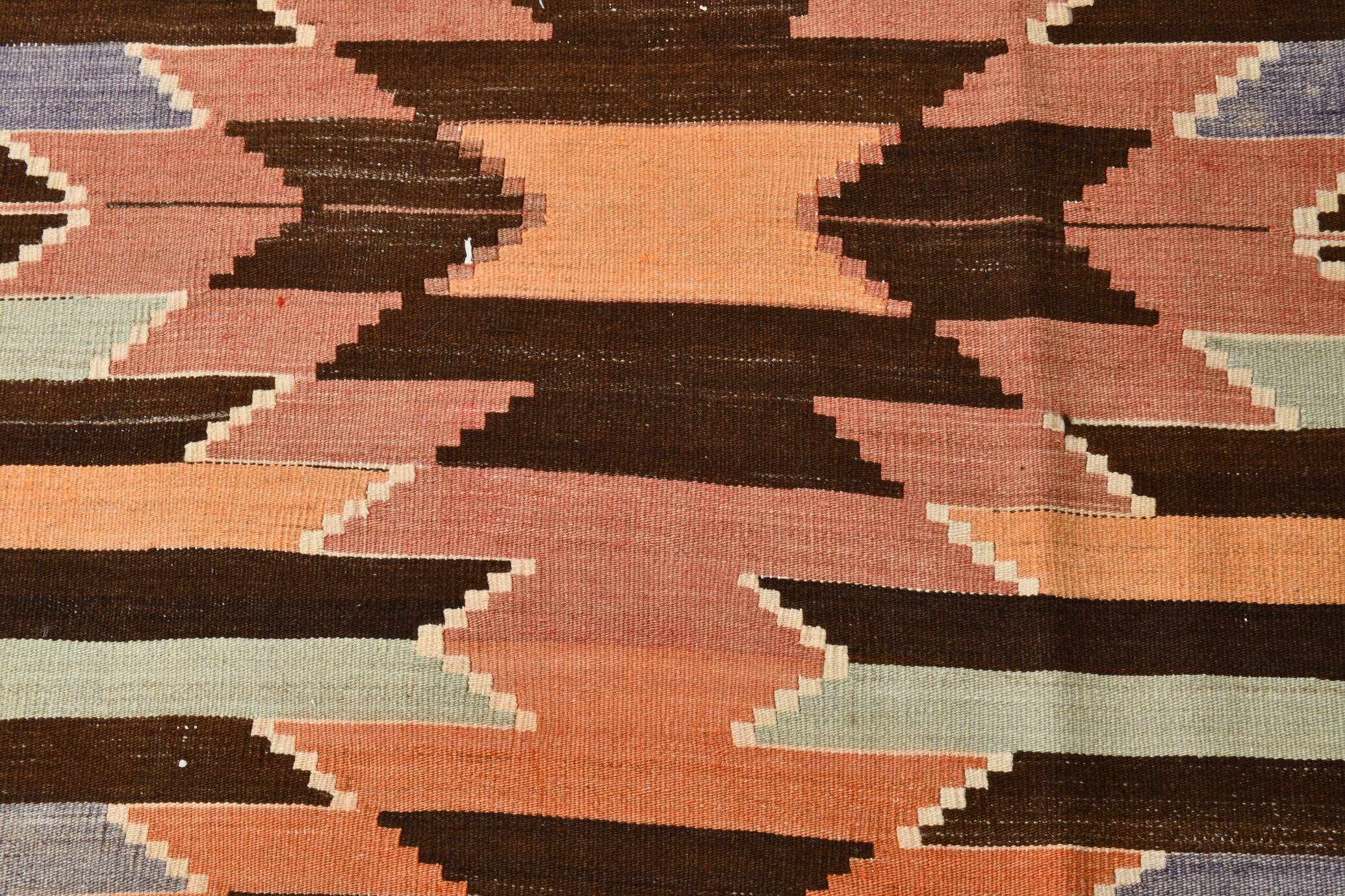 3x10 Orange  Brown Geometric Kilim Runner Rug, Handmade Wool Rug, 108x297Cm