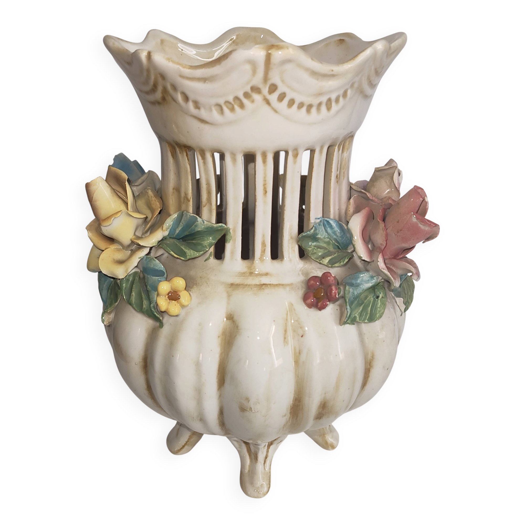 Antique ceramic pot-pourri vase with relief floral decoration.