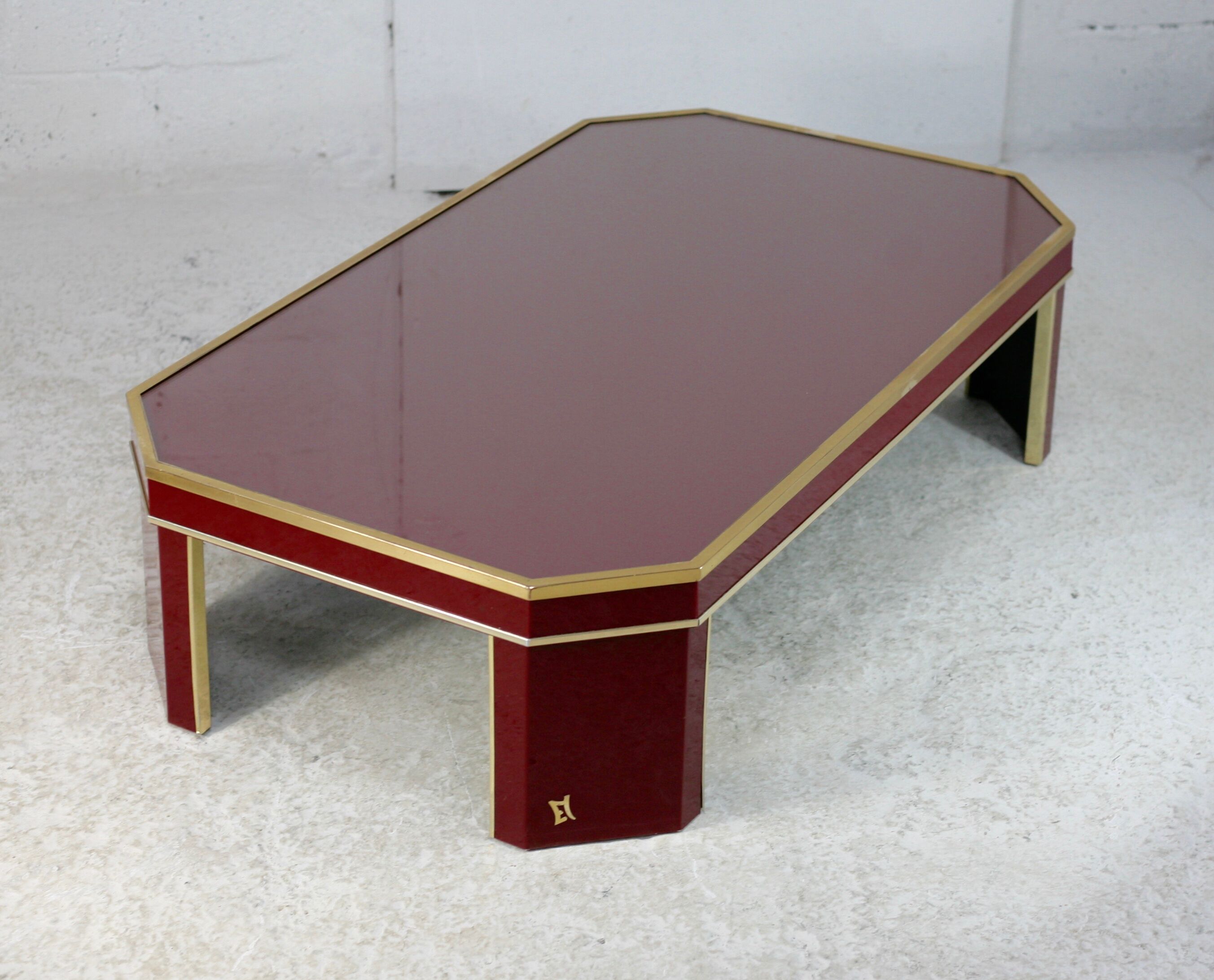 Coffee table Eric Maville glass brass plexiglass wood France, 70s. Small scratches. small