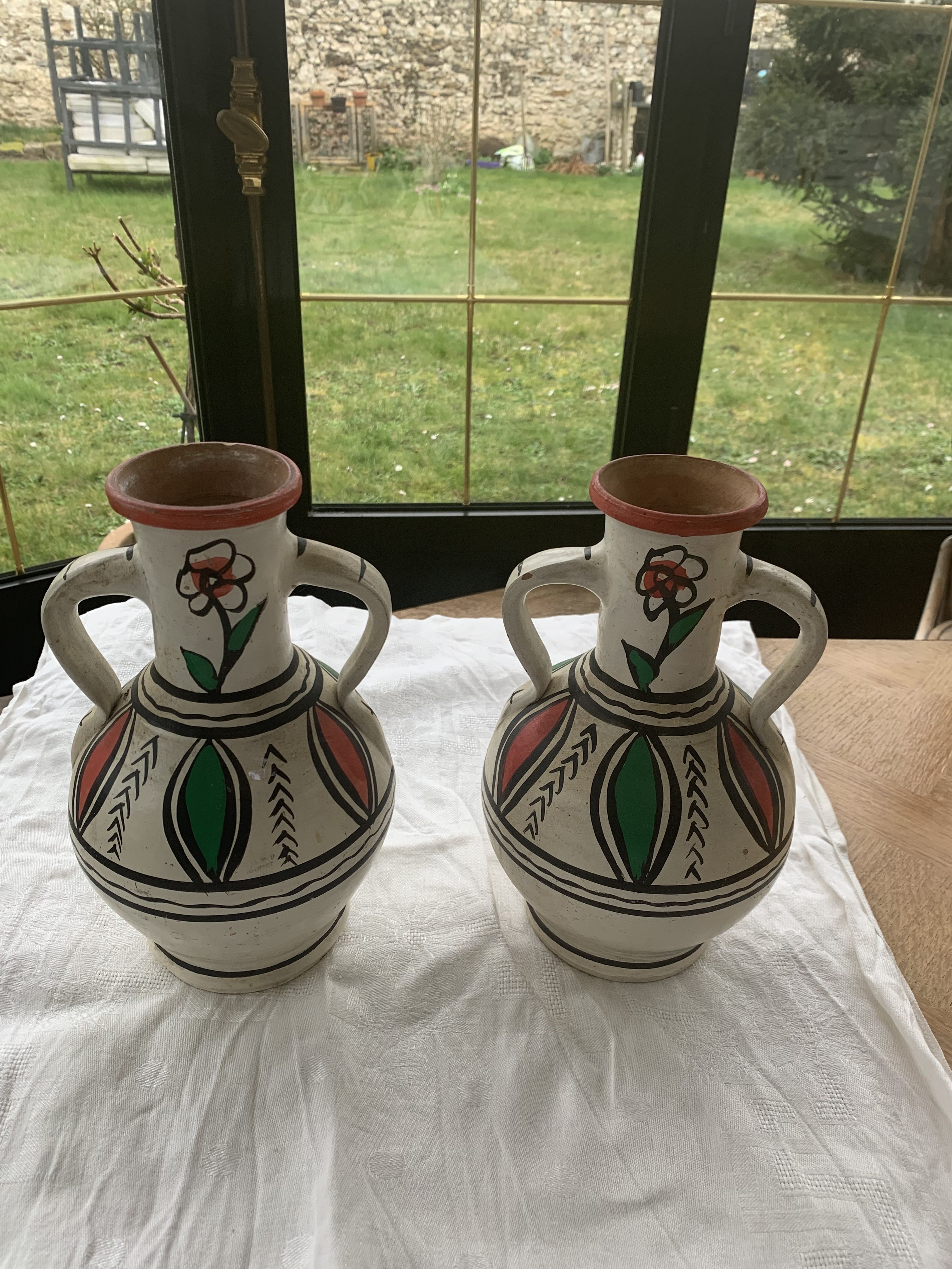 Pair of amphora vase, vintage artisanal and oriental pottery