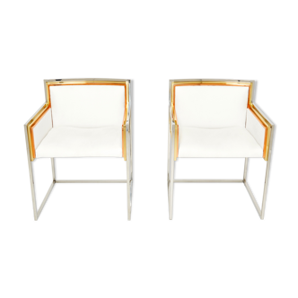 Pair of brass armchairs chrome Alain Delon for Maison Jansen 1972