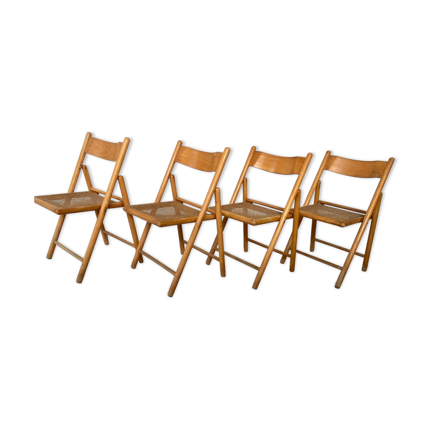 Set of 4 folding chairs, vintage design, wooden structure and canned seat. Around 1970