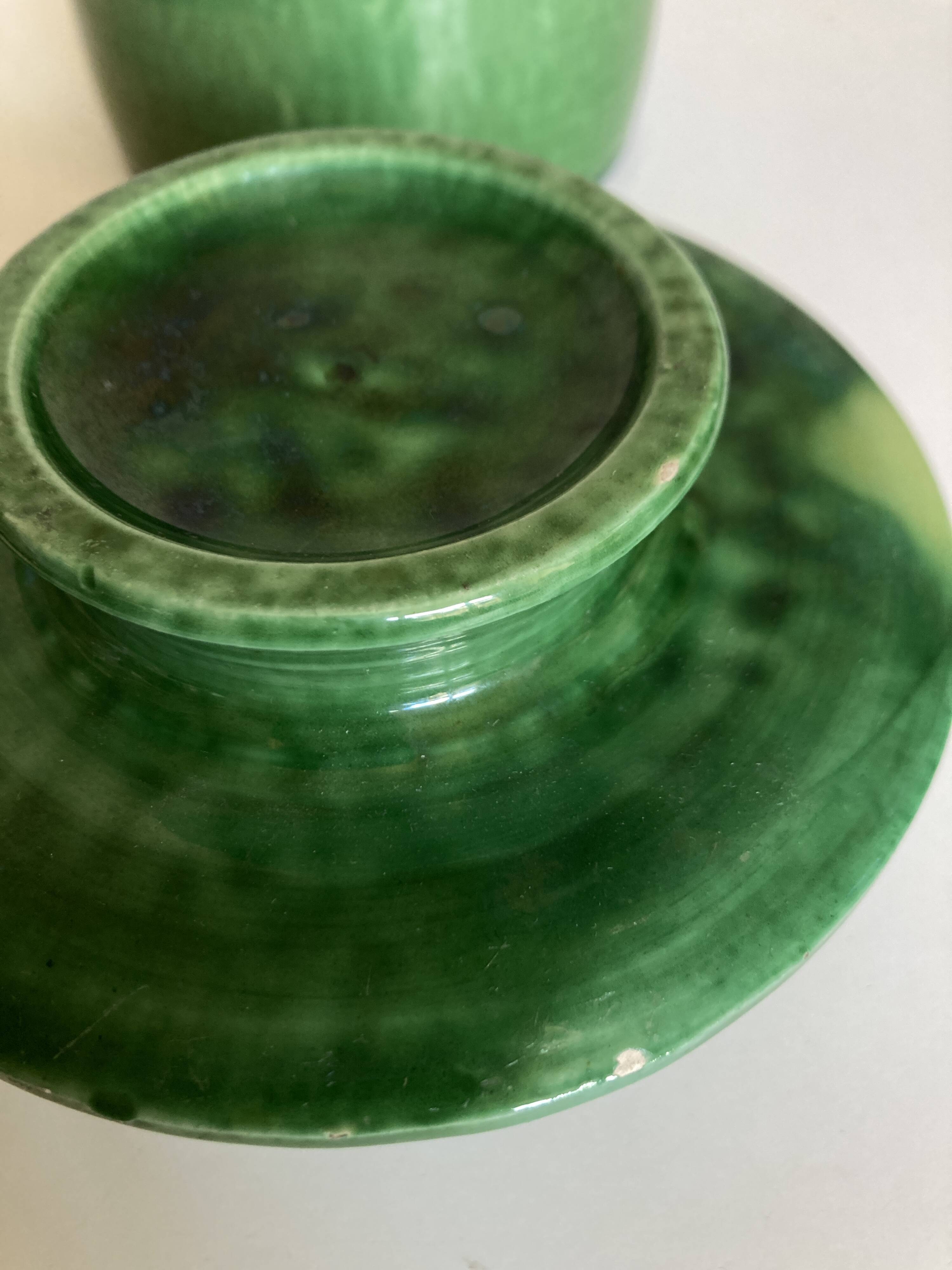 Glazed green earthenware butter dish Foucart Jourdan 1960