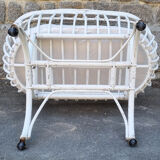 Bed crib bamboo rattan with wheels, white, with handle, vintage, 60s