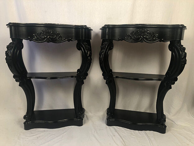 Pair of blackened wooden consoles, marble top