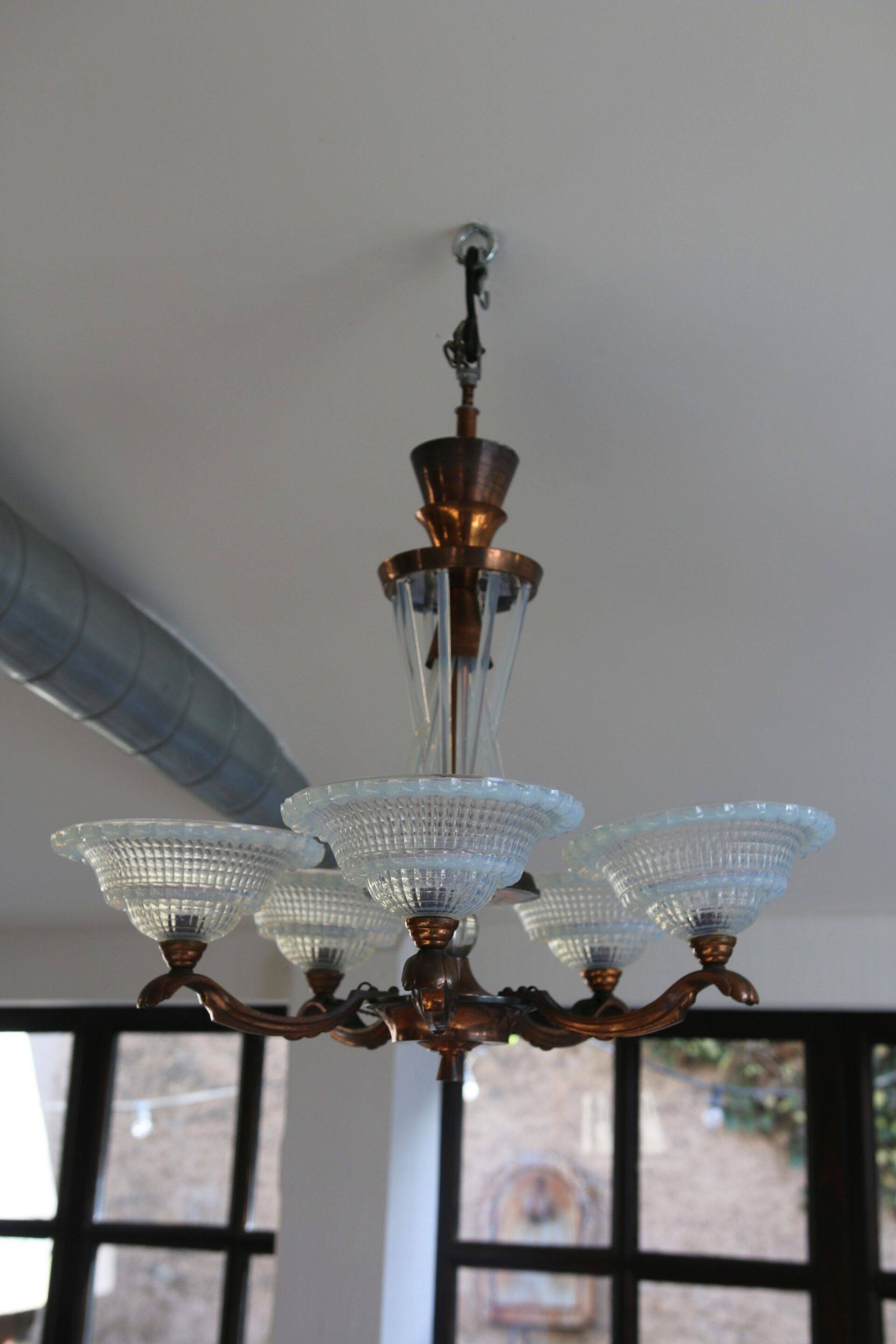 Art Deco lustre, opalescent glass, Ezan & Petitot, signed.