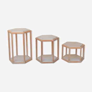Series of 3 vintage coffee tables in travertine and wood by Roche Bobois editions