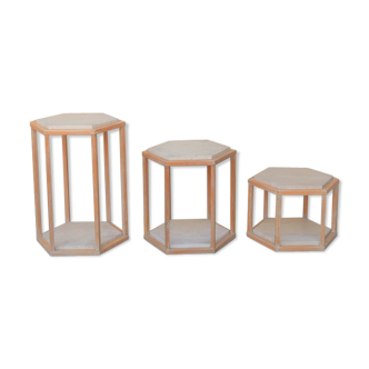 Series of 3 vintage coffee tables in travertine and wood by Roche Bobois editions