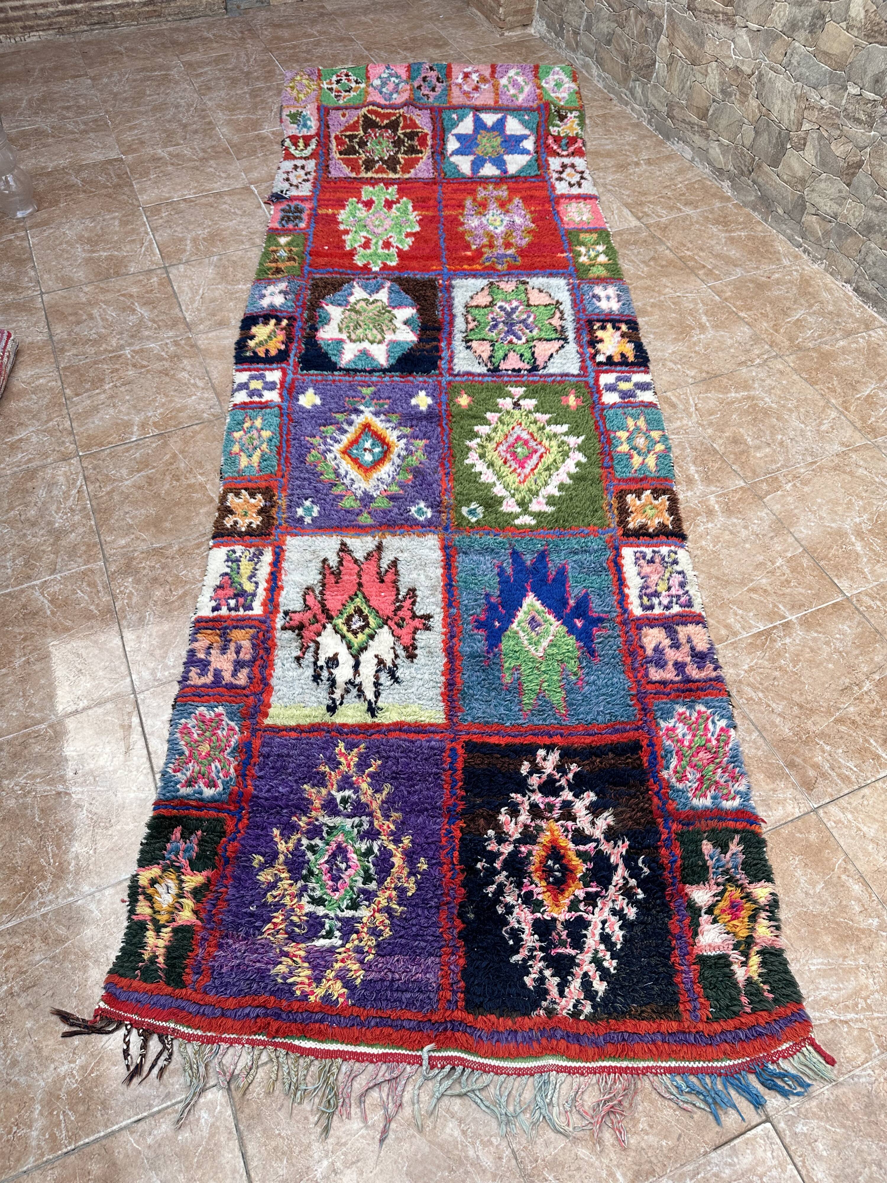 Vintage Boucherouite hallway rug: handwoven Berber rug