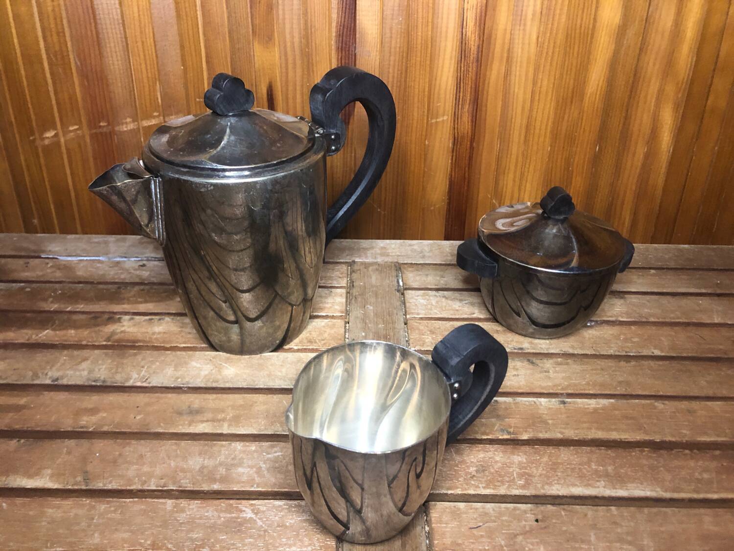 Old art deco coffee tea service silver metal & vintage black wood handles #a591