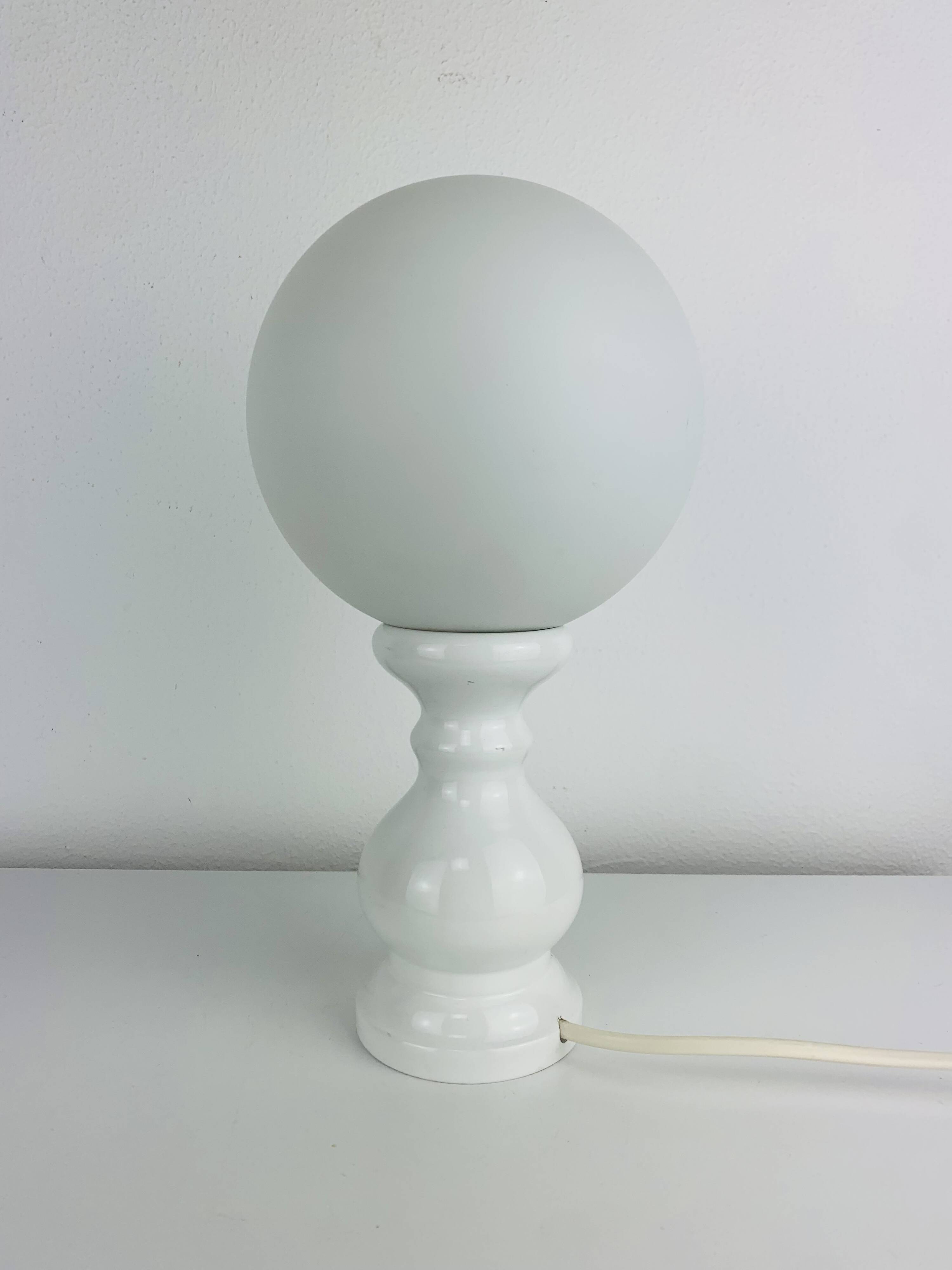 Turned wood lamp with opaline glass globe, 1970s