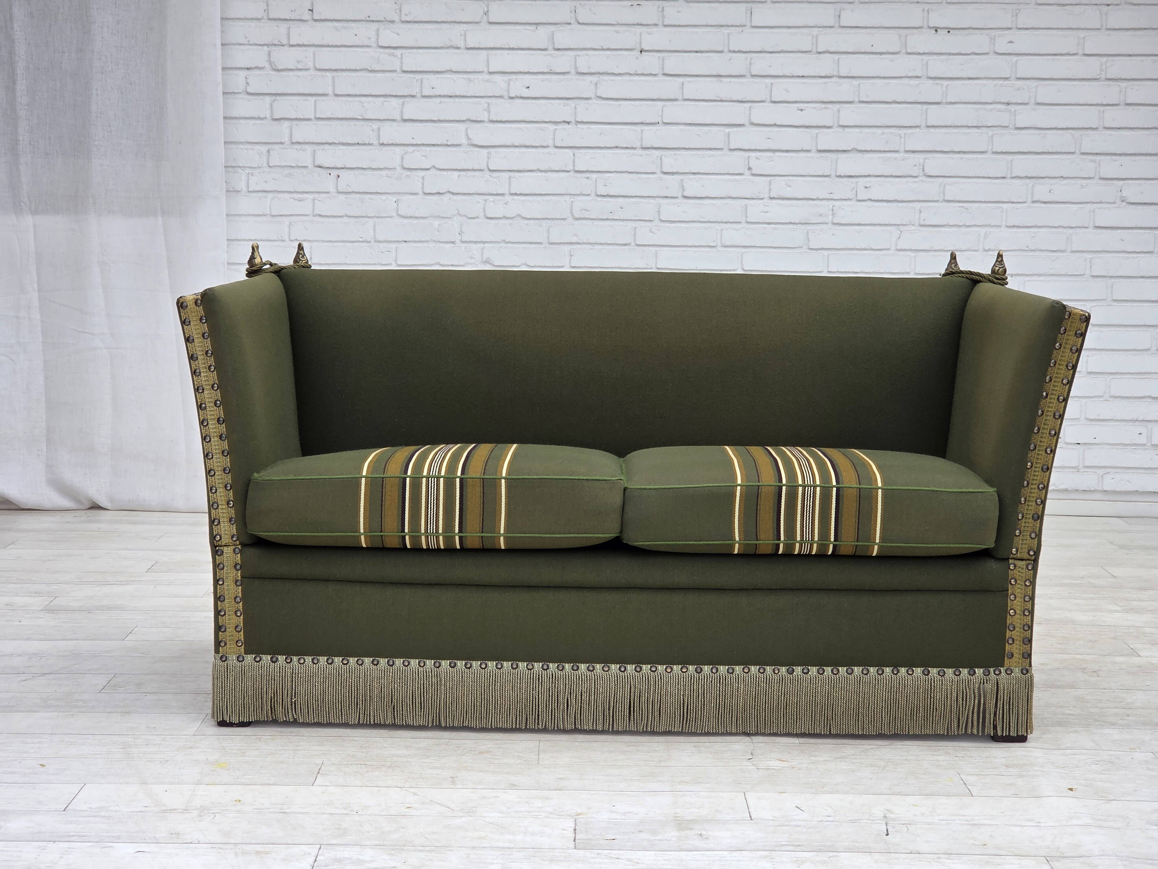 1970s, Danish 2-seater drop arm "Spanish" sofa, furniture wool.