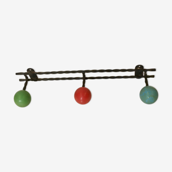 Vintage wrought iron wall coat rack 3 blue, red and green wooden balls hooks