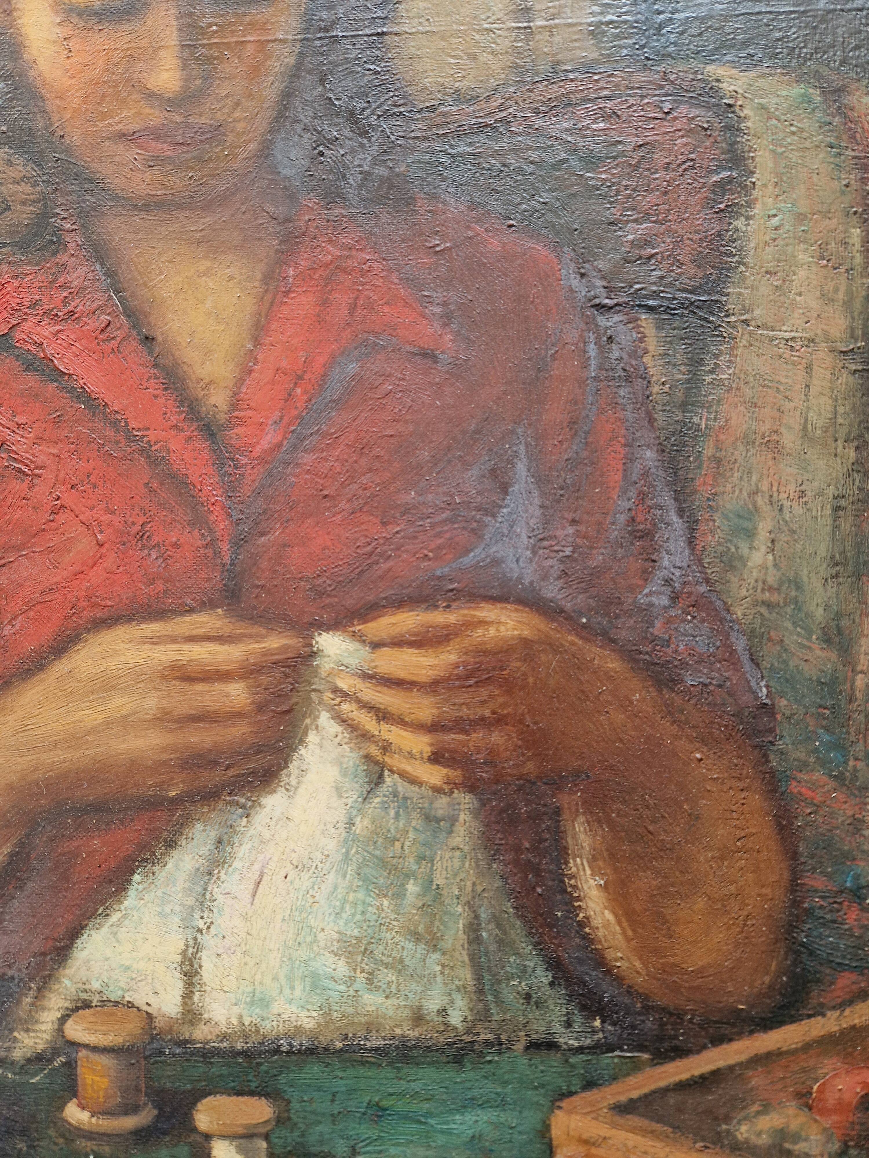 Oil painting, Woman who does sewing