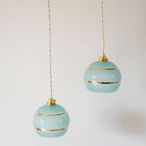 pair of blue and gold granite ball pendants 1950
