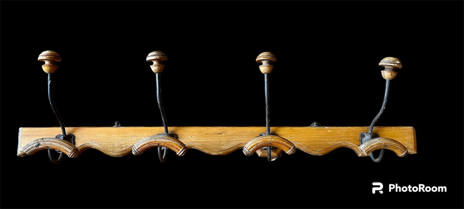 Wall coat rack in wood and old metal