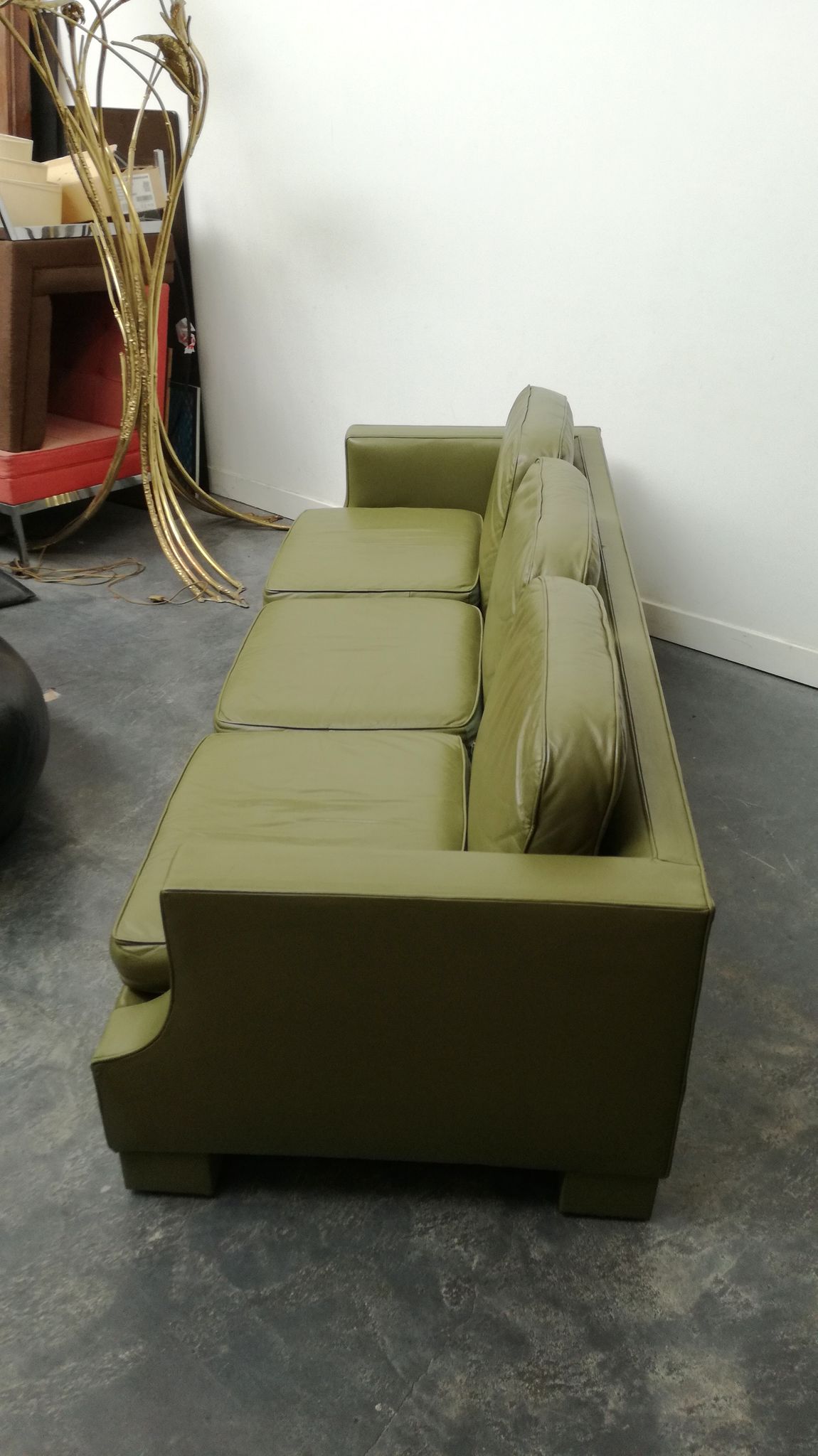 Jansen Olive green leather sofa France 1970