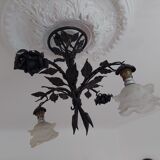 Chandelier with wrought iron and glass rose patterns