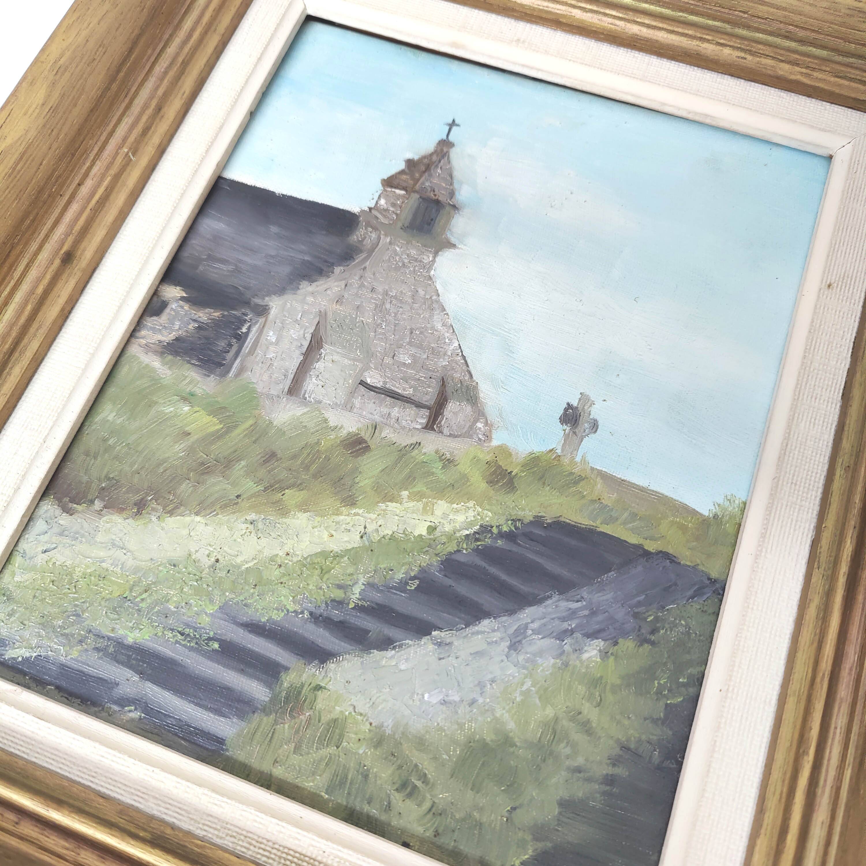 Breton church painting painting, golden wood frame