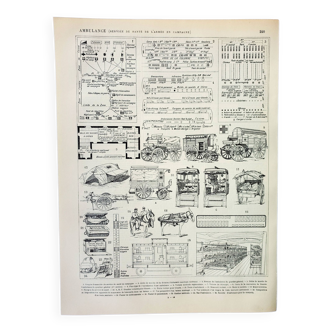 Old engraving 1898, Army ambulance, firefighter • Original and vintage lithograph