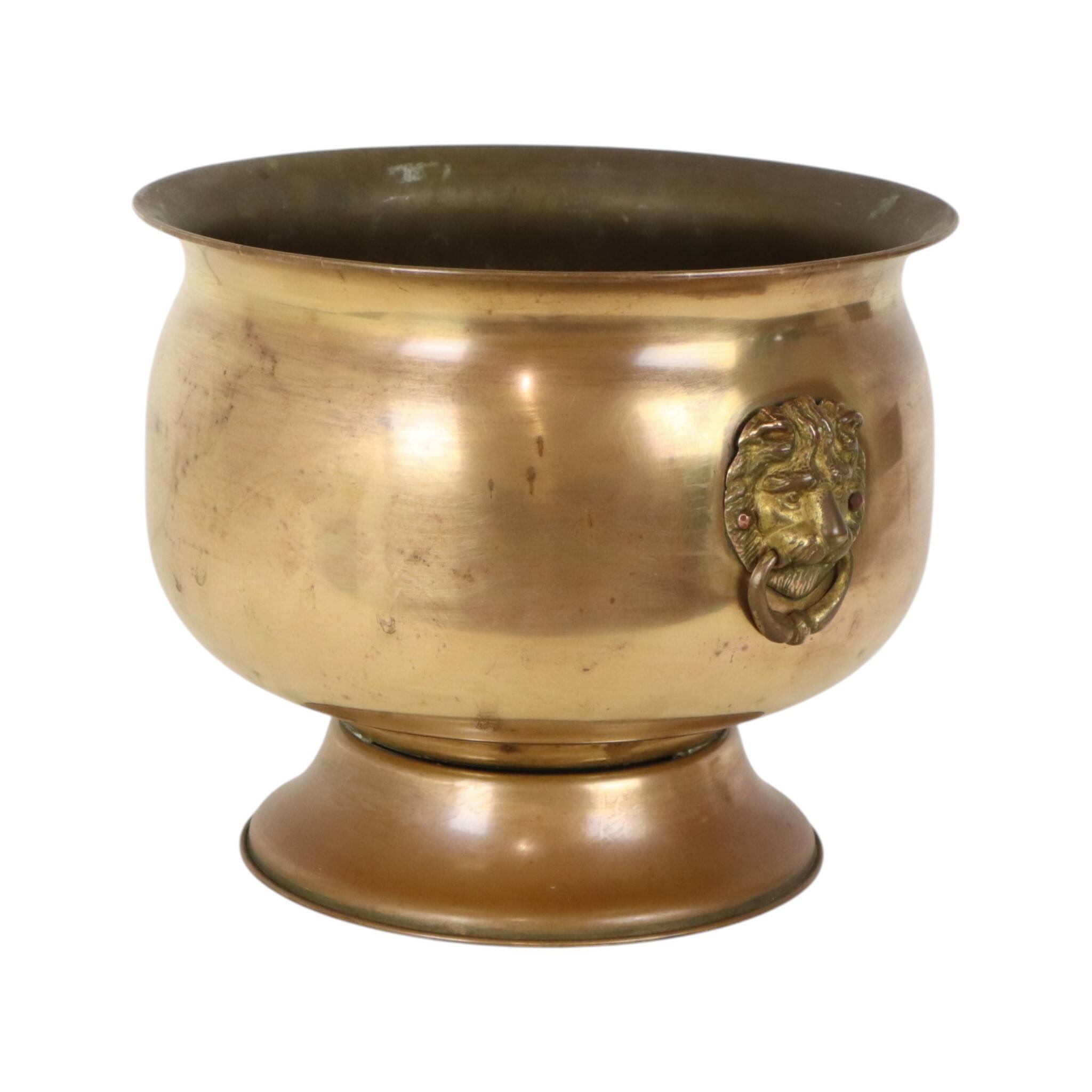 Antique Brass Jardinière Plant Pot with Lion Heads, Early 20th Century