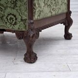 1950s, Danish armchair, green furniture velour, carved oak wood.