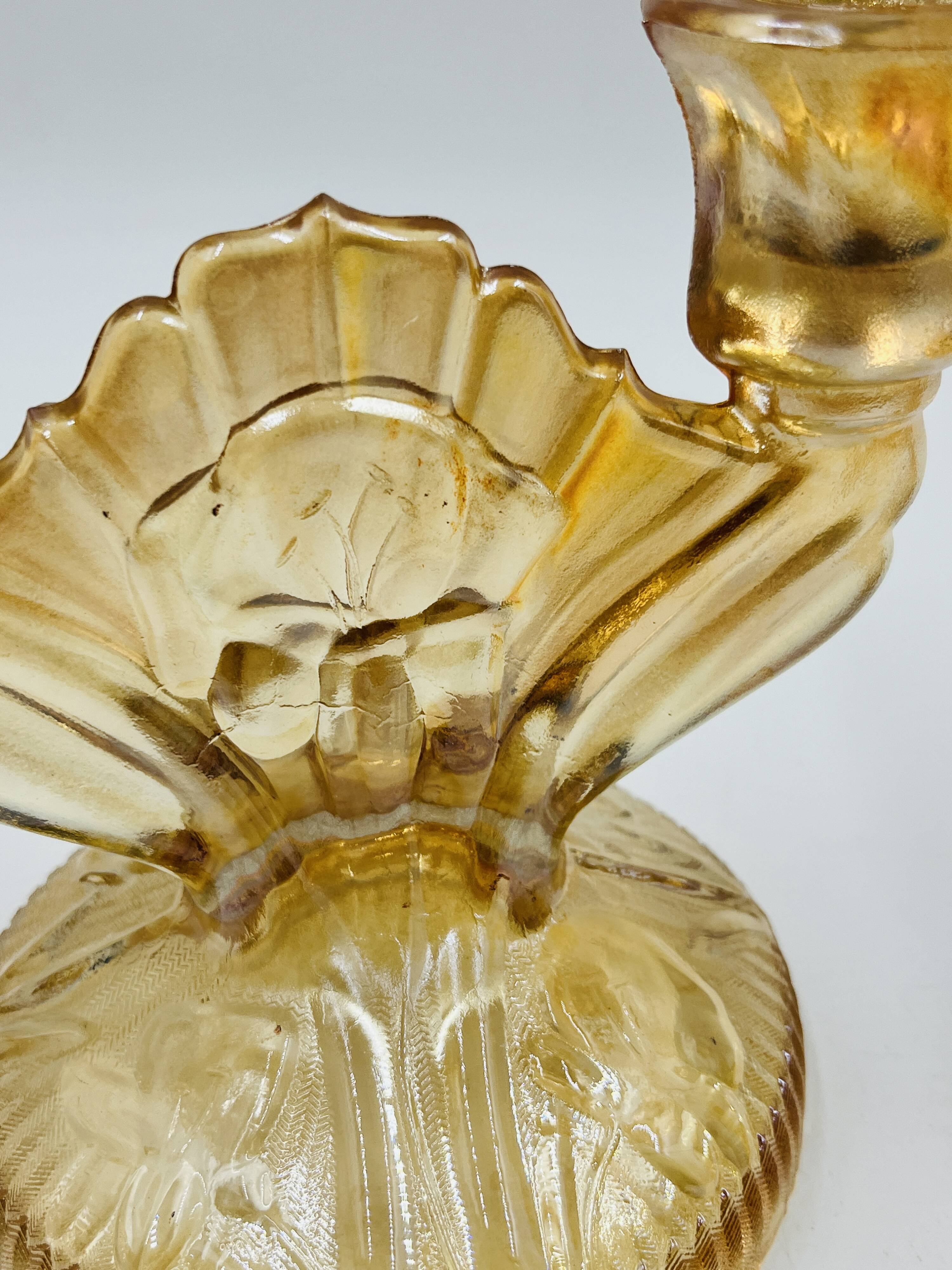 Pair of Empoli amber glass chandeliers in Art Deco style