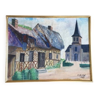 Oil painting on canvas Normande R.Oswald 1960 gilded wood frame