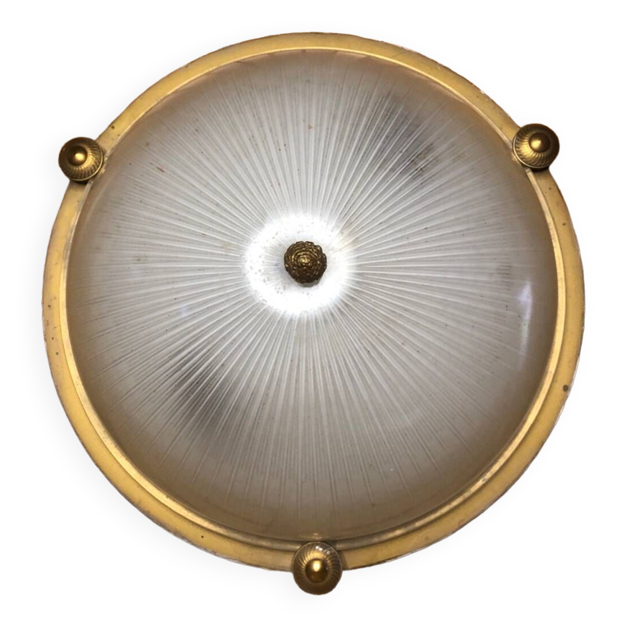 Old molded glass ceiling light + gold metal contour + vintage brass #a491