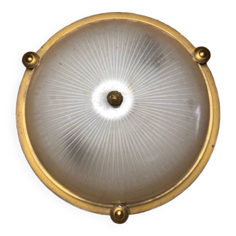 Old molded glass ceiling light + gold metal contour + vintage brass #a491