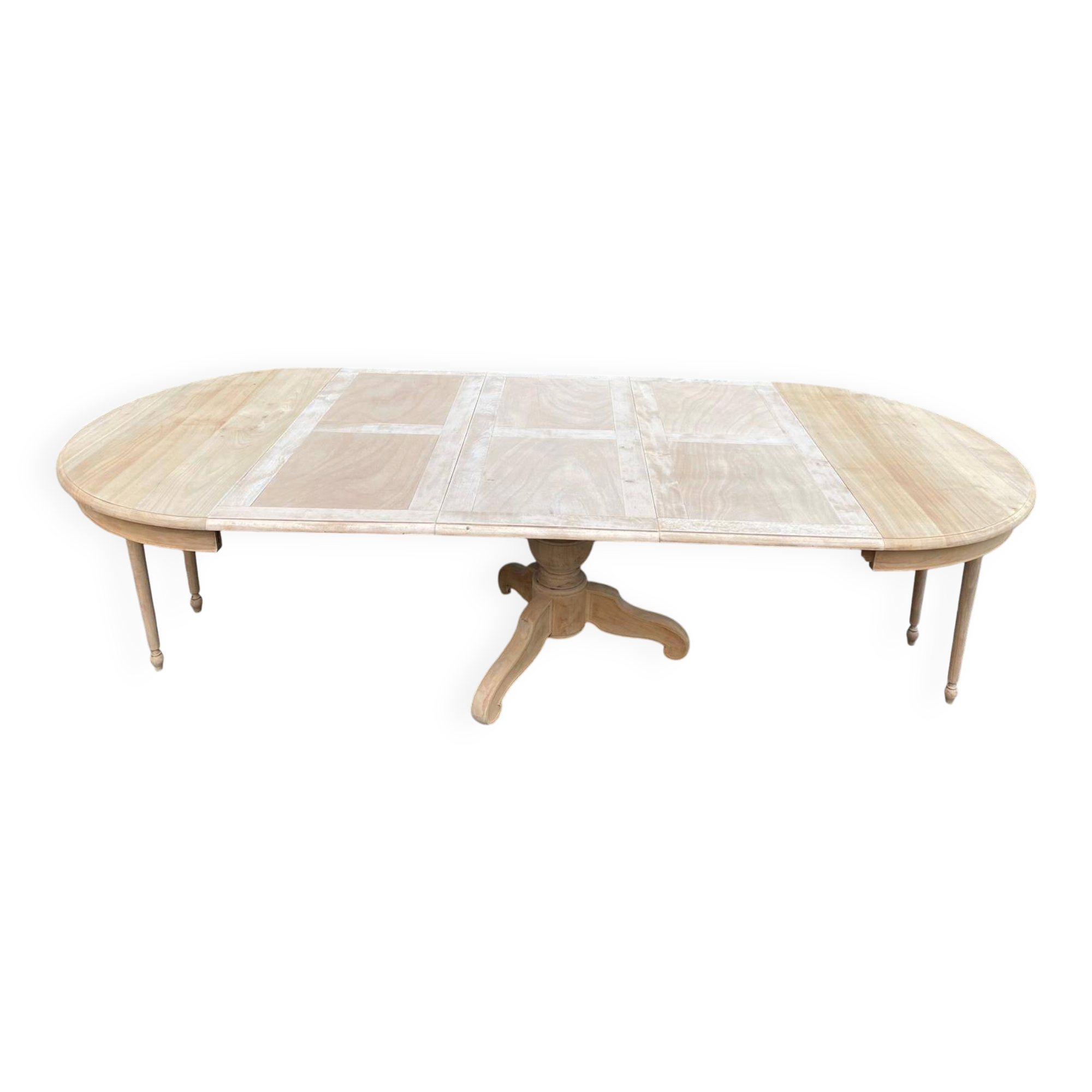 Table à manger ronde pied central extensible décapée en bois massif 3 rallo