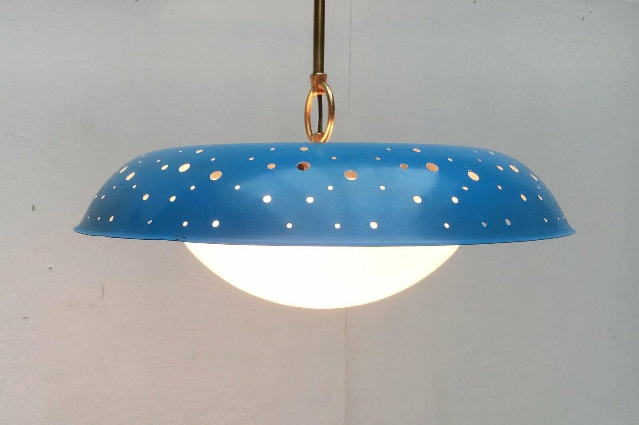Perforated metal pendant lamp in mid-century style attributed to Ernest Igl for Hillebrand Leuchten, 1960s.