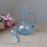 Ensemble Petits Huilier et Vinaigrier en Verre Bullé et Soufflé Bleu Signé Biot