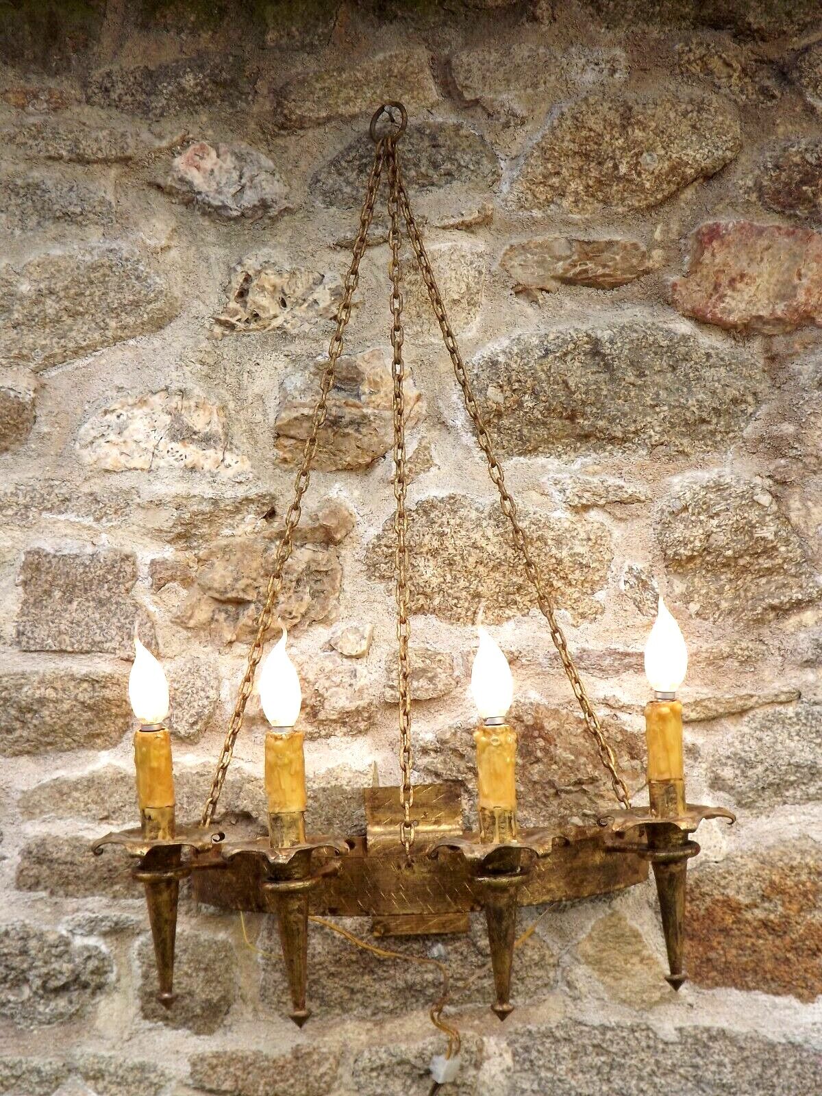 French medieval gold hand forged wrought iron 4 light hanging wall light 3894