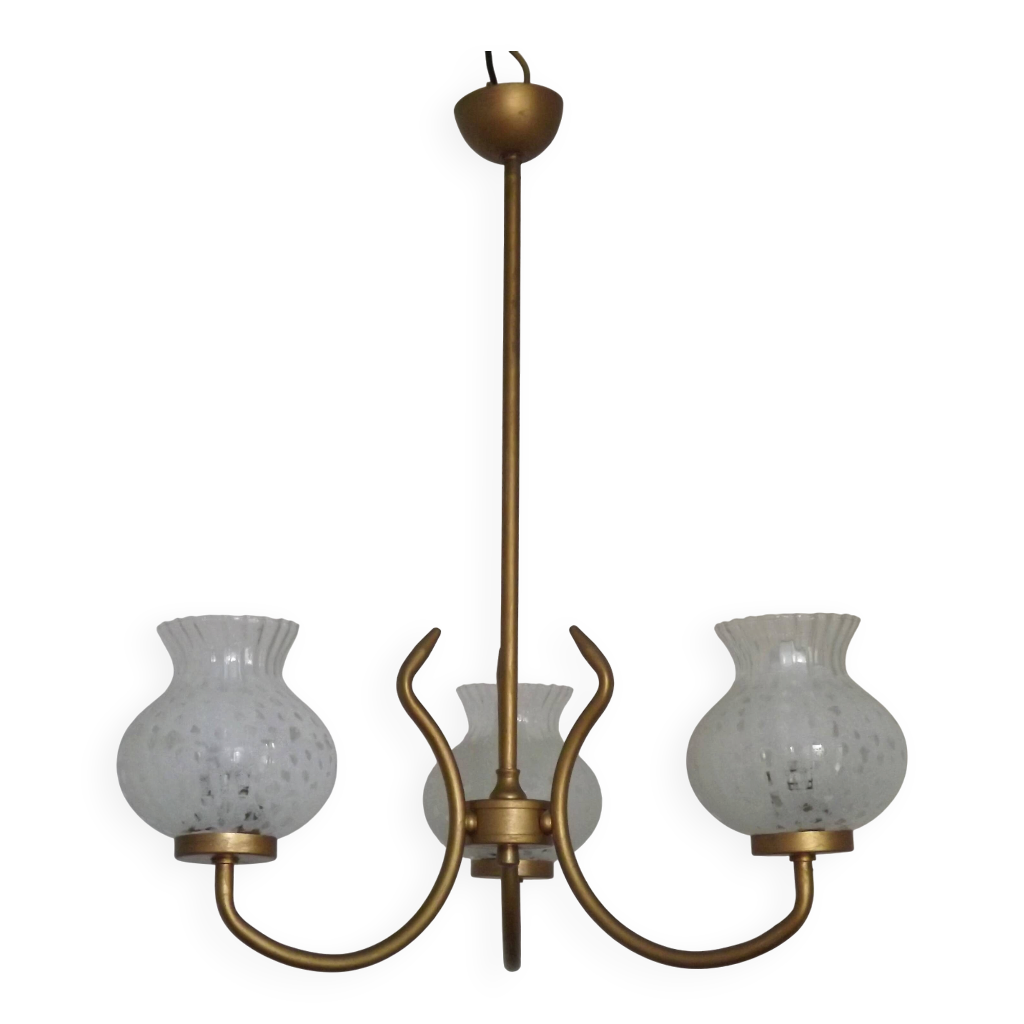 French Mid Century 3 Light Gold Metal Chandelier Textured Glass Shades