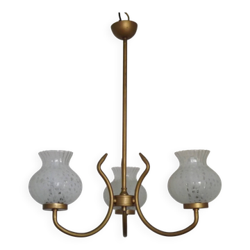 French Mid Century 3 Light Gold Metal Chandelier Textured Glass Shades