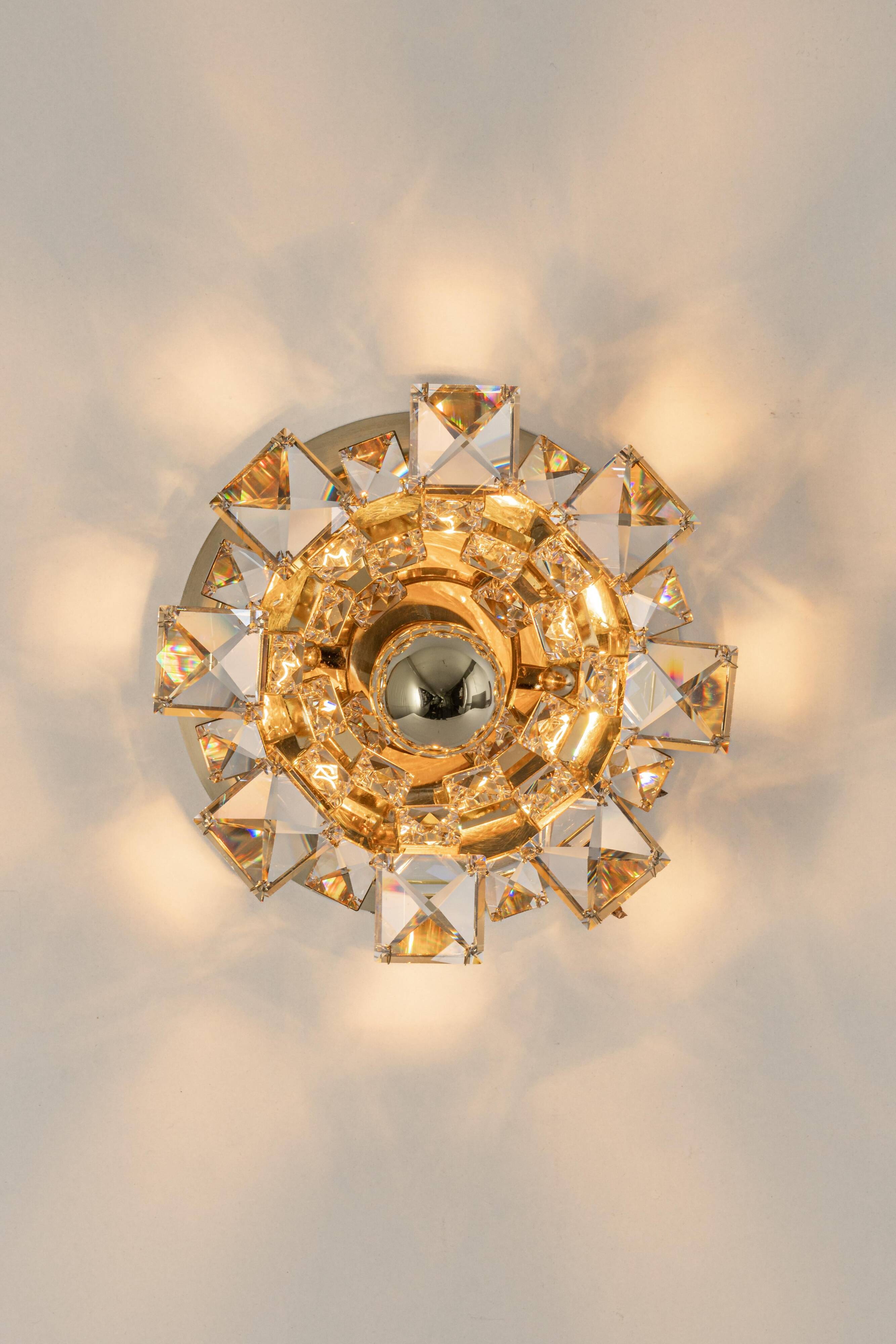 Pair of wall sconces in gilded crystal by Palwa, Germany, 1960s.