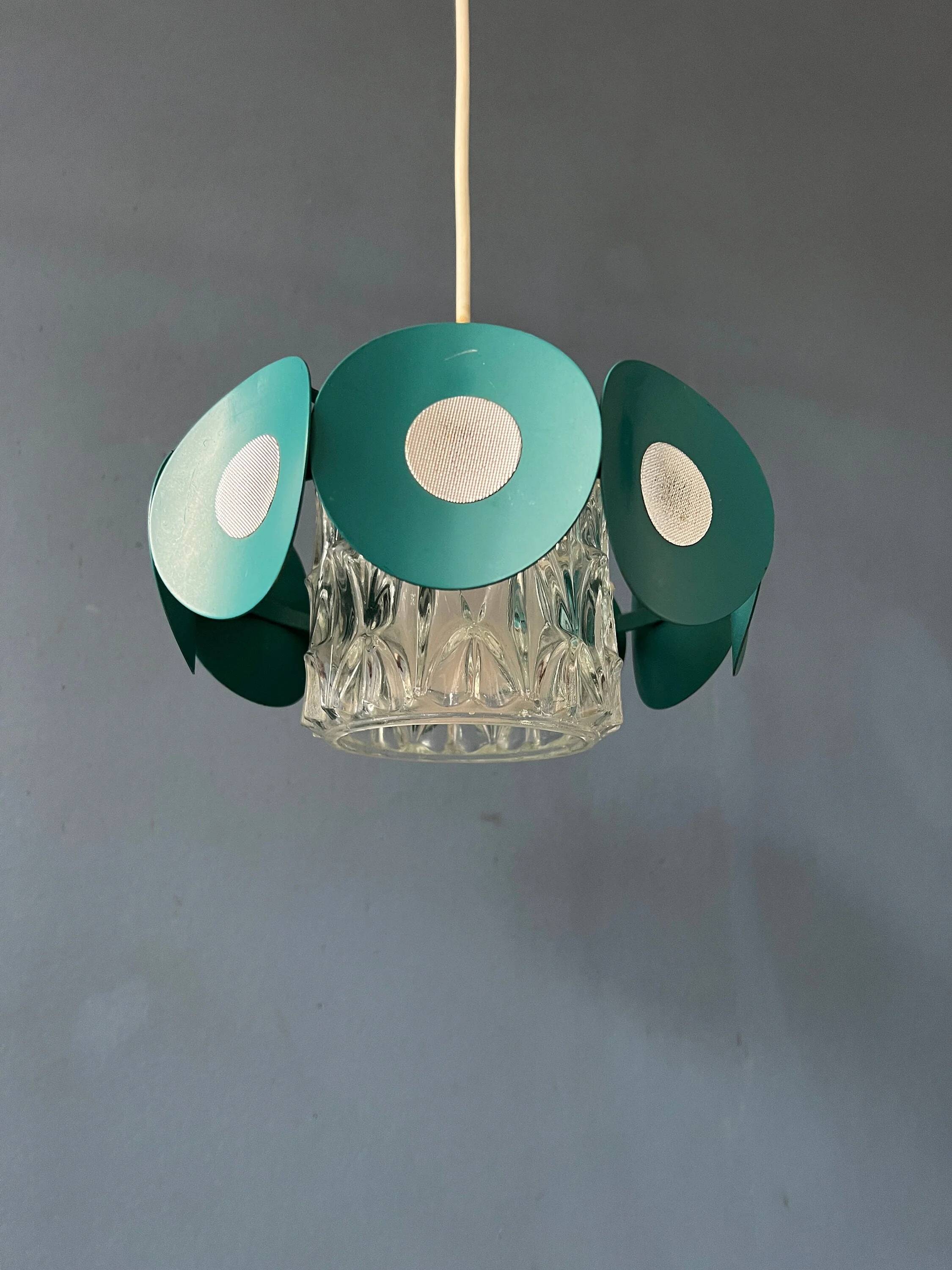 Suspension Space Age with glass shade and green/blue metal structure.