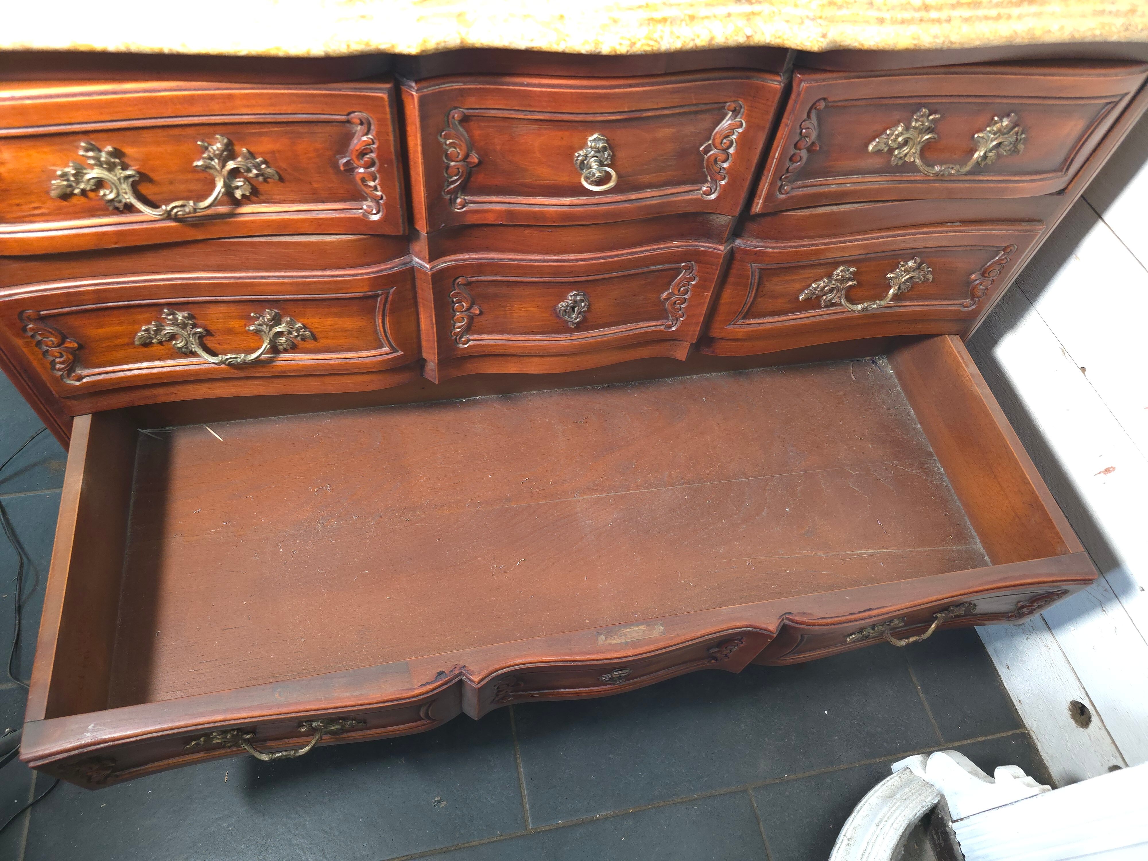 Crossbow commode in solid cherry wood, Louis XV style with marble top.