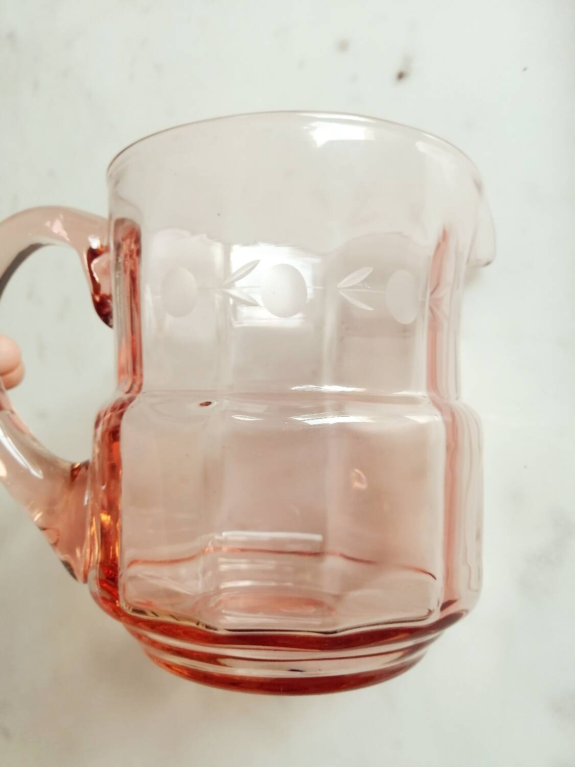 Pitcher and 2 glasses in pink glass