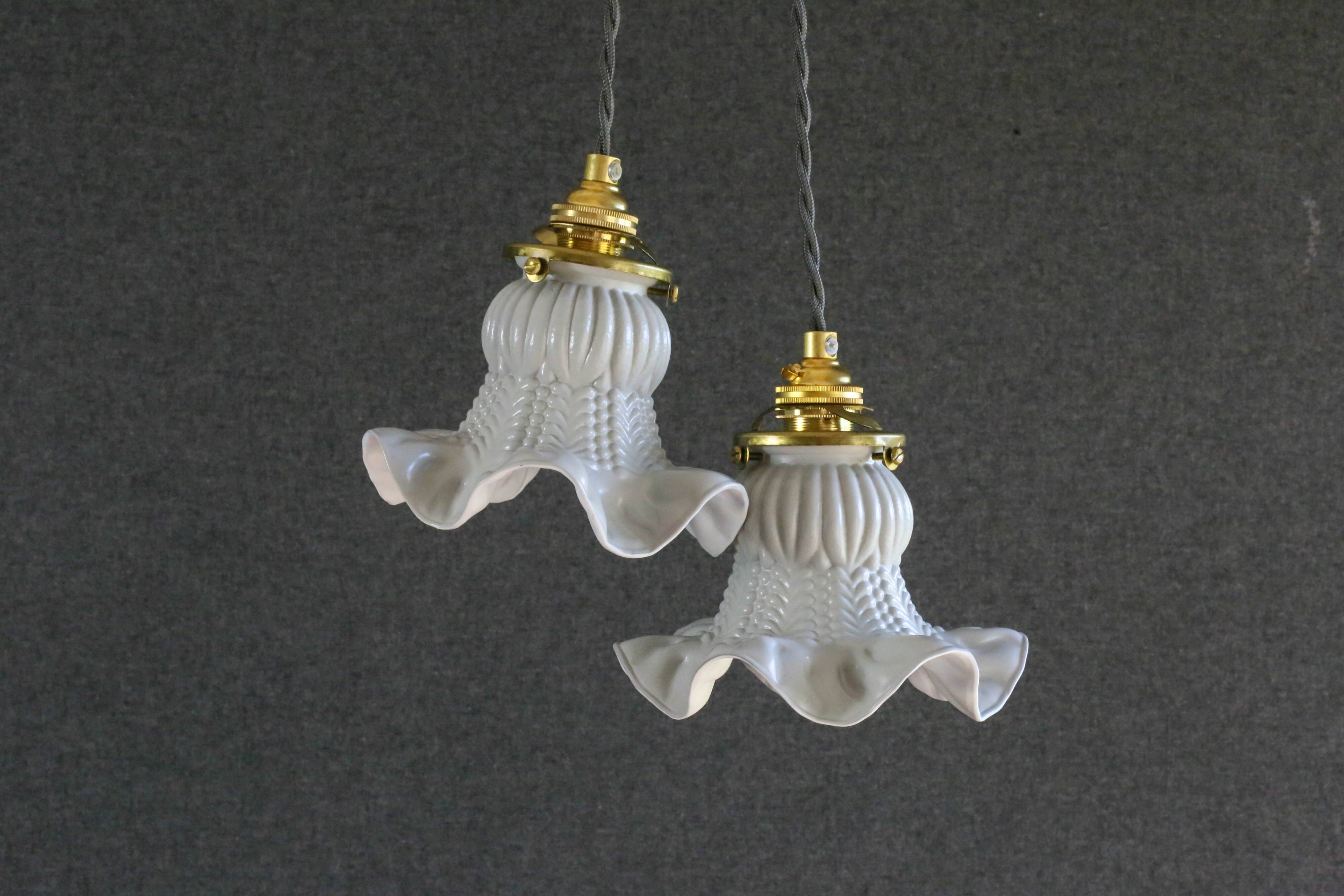 A set of two old pendant lights painted in gray and white, delivered with cable and nf socket